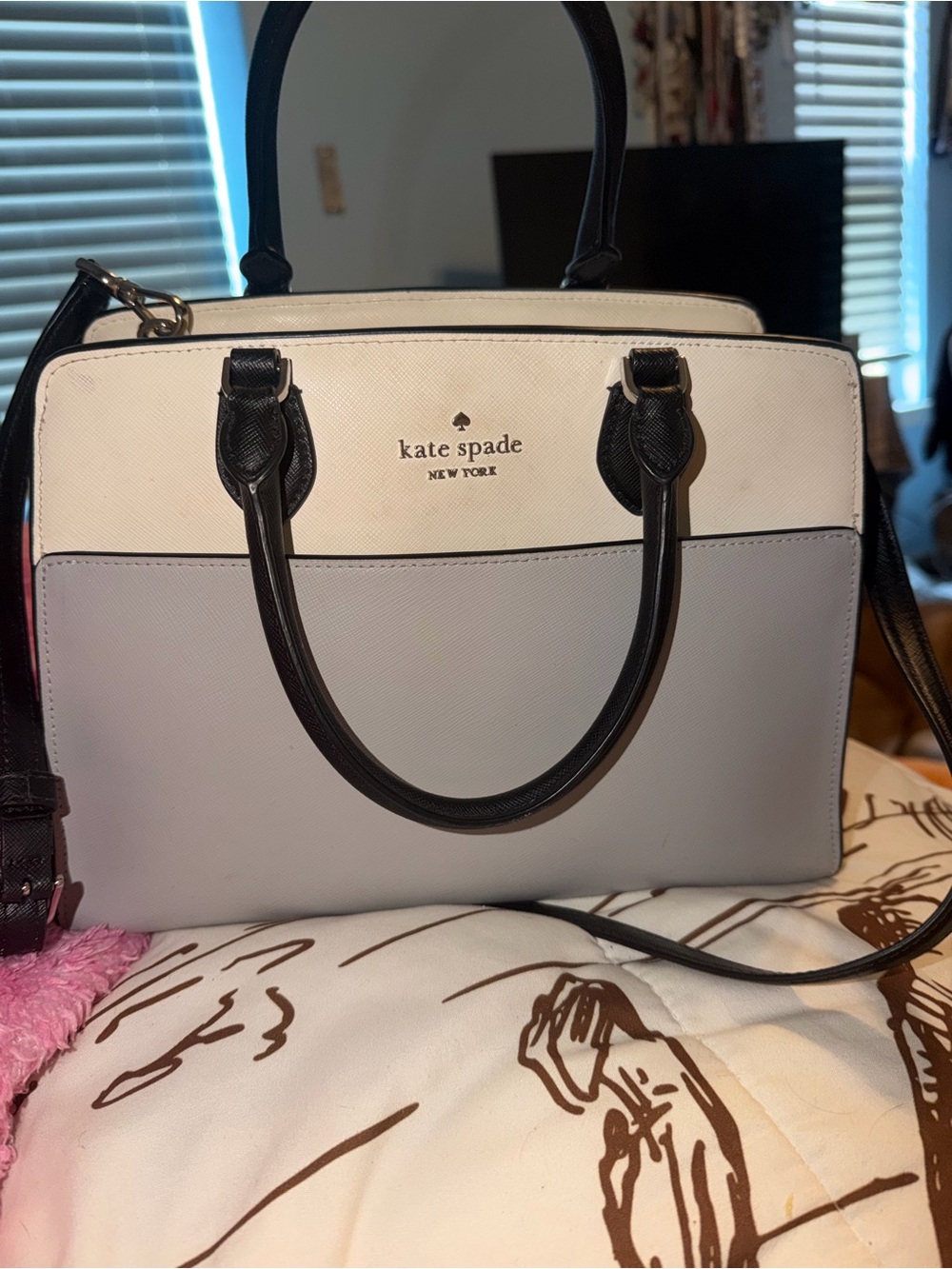 kate spade Two-Tone White and Light Gray Satchel with Black Trim